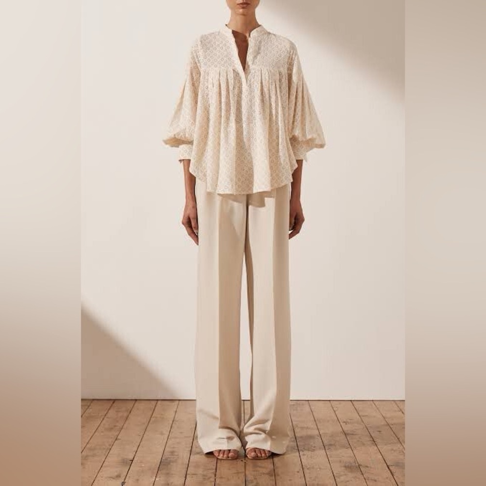 Shona Joy Balloon Sleeve Tiered Blouse Top Metal Viscose Fringe Cream Size 12 US